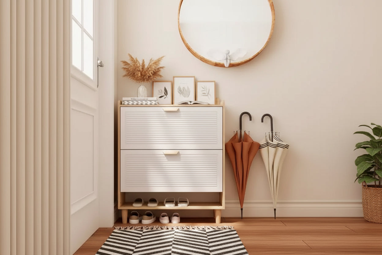 MAYEERTY Nordic Style Shoe Storage Cabinet with 2 Flip Drawers Freestanding Organizer with solid Wood Legs for Entryway White and Solid Wood