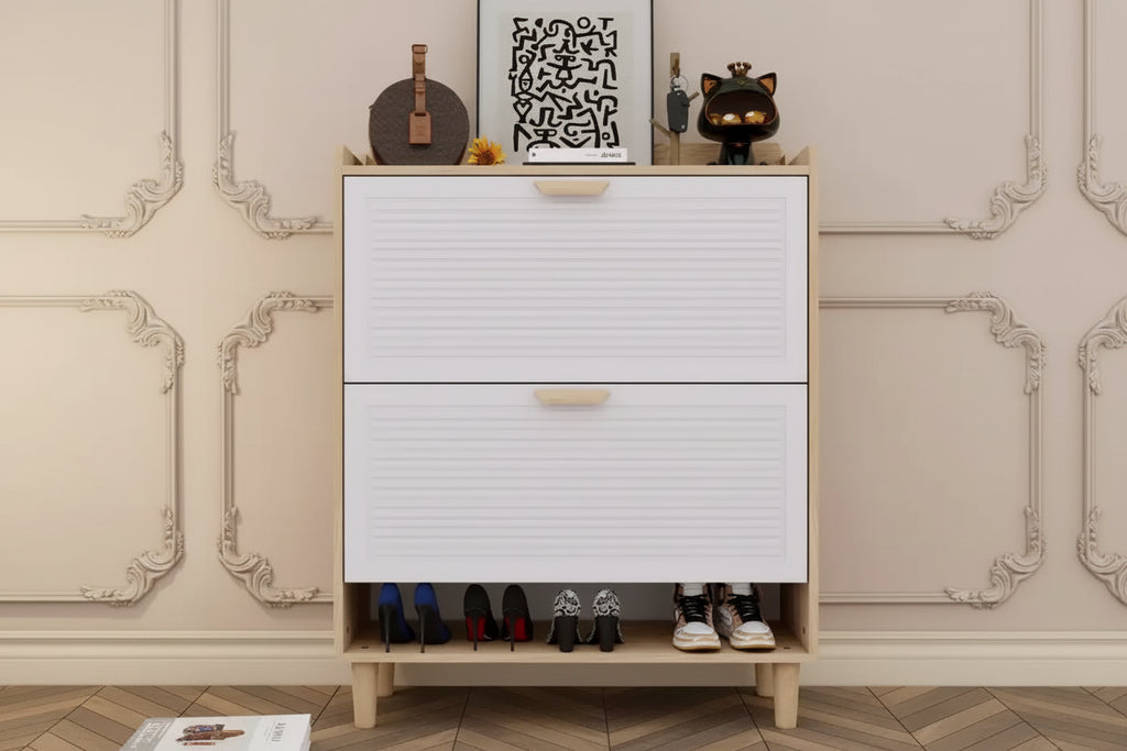 Meuble à chaussures blanc à 2 portes abattantes avec pieds en bois, style nordique