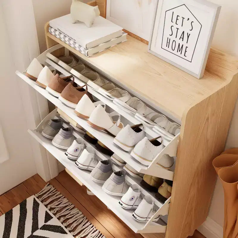 Meuble à chaussures blanc à 2 portes abattantes avec pieds en bois, style nordique