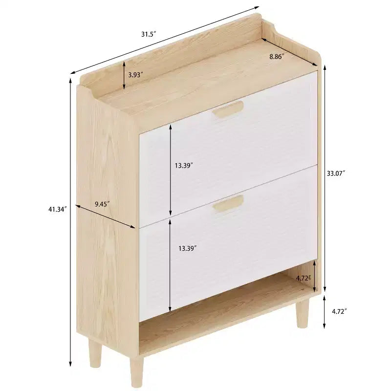 Meuble à chaussures blanc à 2 portes abattantes avec pieds en bois, style nordique
