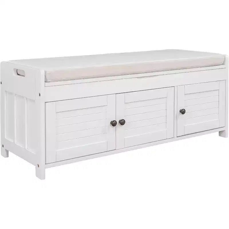 Banc de rangement antique marine / expresso / blanc avec coussin, 3 portes persiennes, 1 place