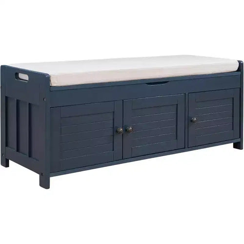 Banc de rangement antique marine / expresso / blanc avec coussin, 3 portes persiennes, 1 place