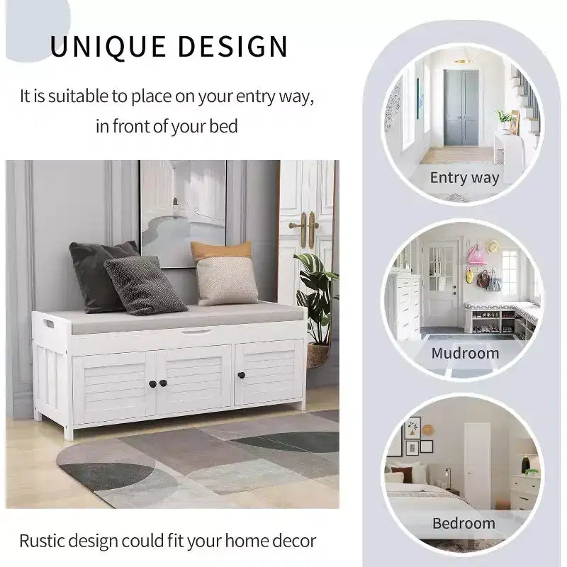 Banc de rangement antique marine / expresso / blanc avec coussin, 3 portes persiennes, 1 place