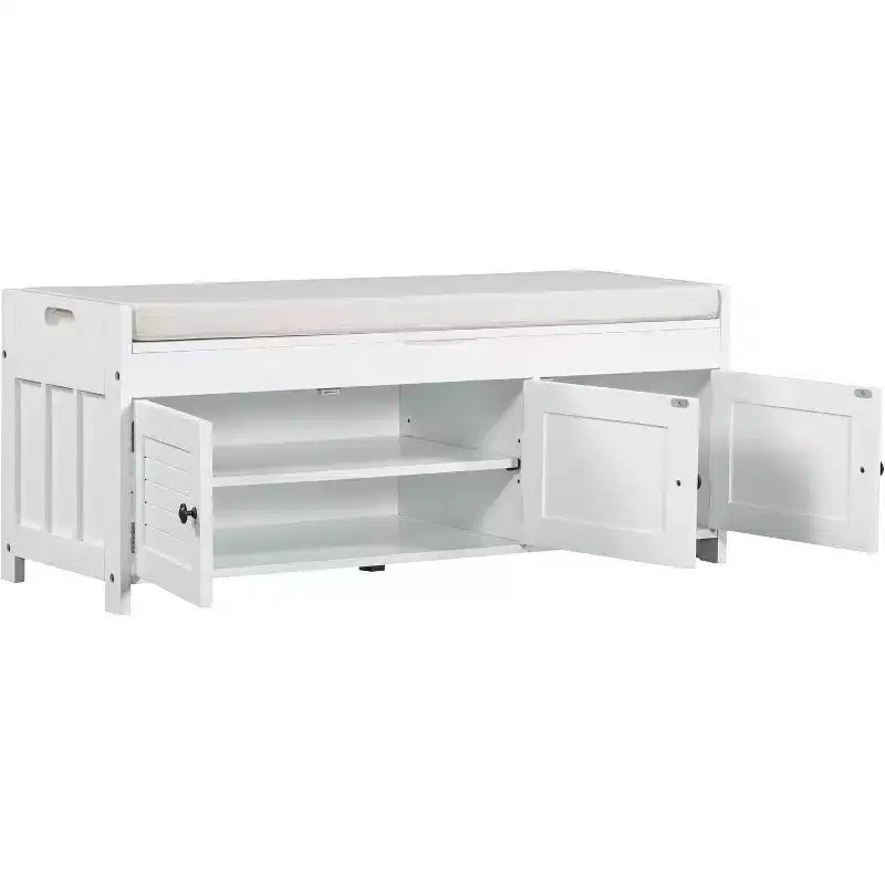 Banc de rangement antique marine / expresso / blanc avec coussin, 3 portes persiennes, 1 place