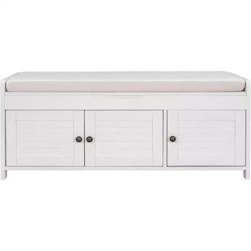 Banc de rangement antique marine / expresso / blanc avec coussin, 3 portes persiennes, 1 place