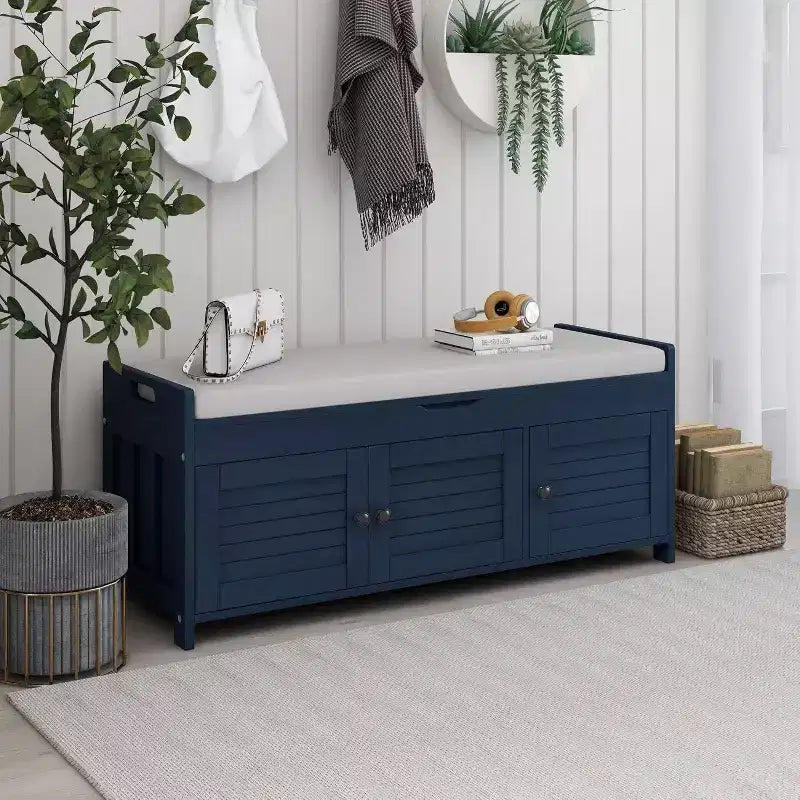Banc de rangement antique marine / expresso / blanc avec coussin, 3 portes persiennes, 1 place