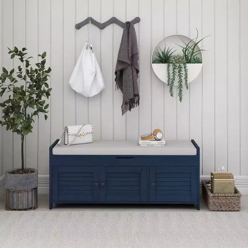 Acekool Wash Shoe Storage Bench  Removable Cushion with 3 Shutter Door,sturdy Wood Legs, Hidden Top Storage for Entryway & Bedroom