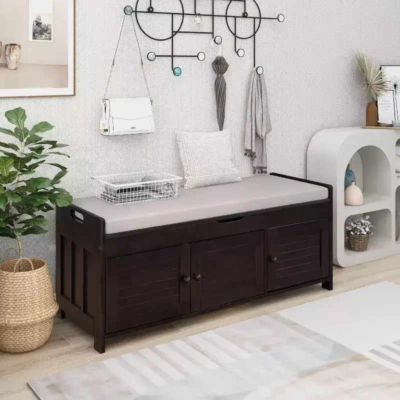 Banc de rangement antique marine / expresso / blanc avec coussin, 3 portes persiennes, 1 place