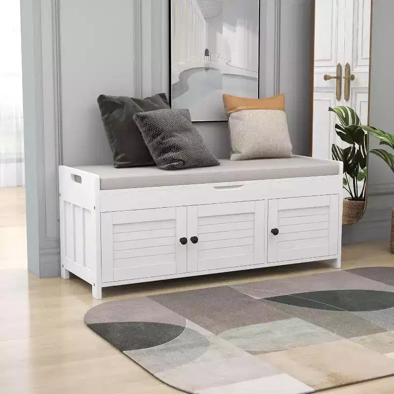 Banc de rangement antique marine / expresso / blanc avec coussin, 3 portes persiennes, 1 place