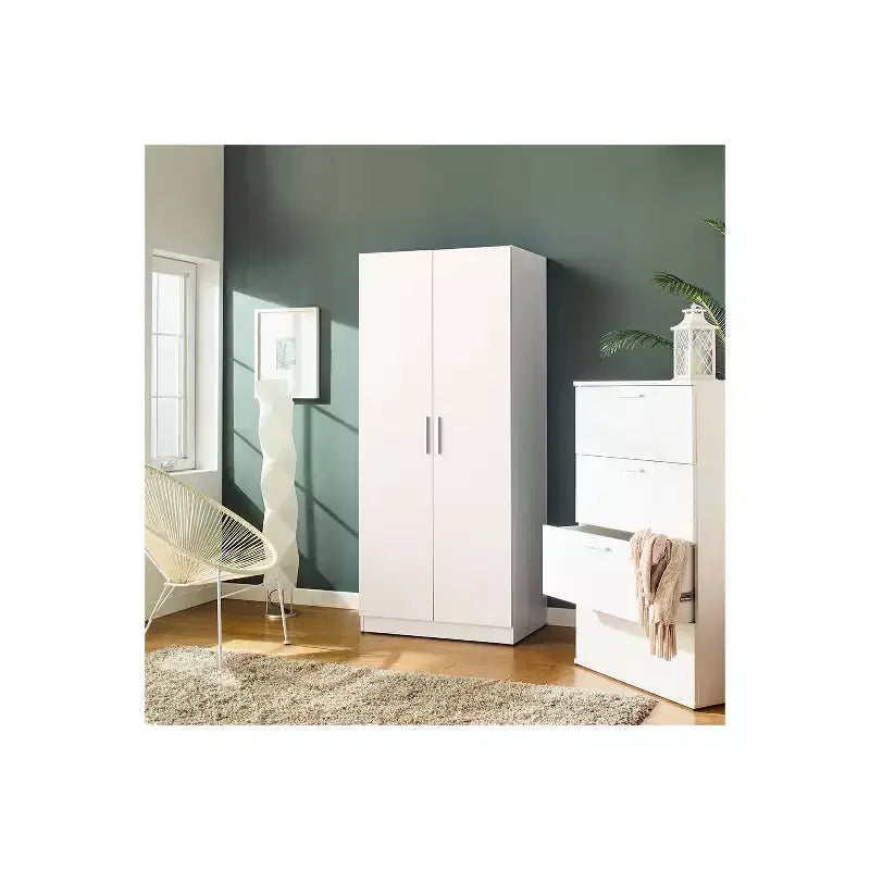 Armoire en bois blanche à 2 portes avec barres de penderie et étagères
