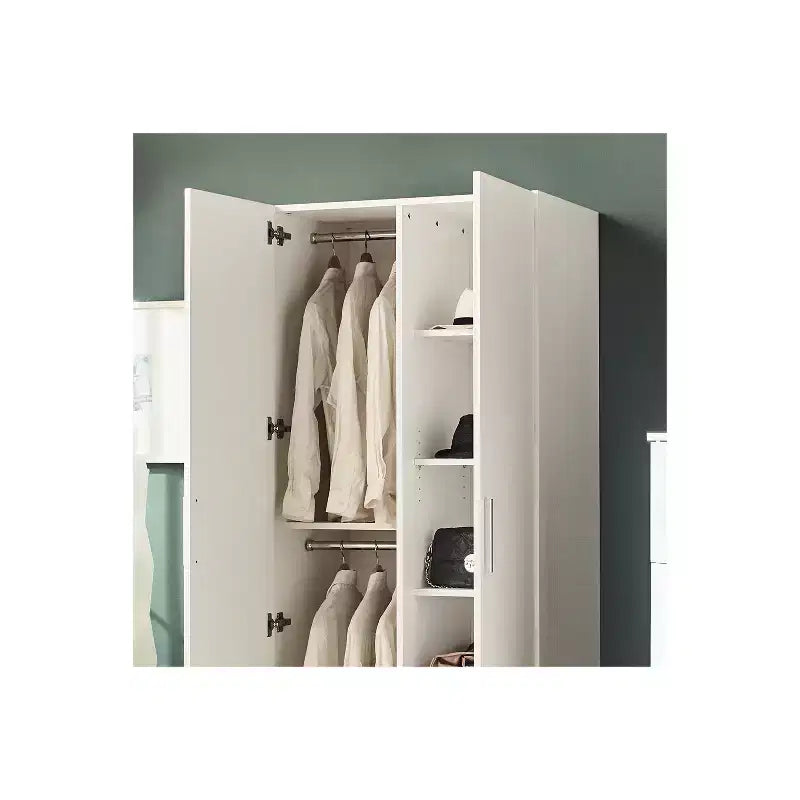 Armoire en bois blanche à 2 portes avec barres de penderie et étagères