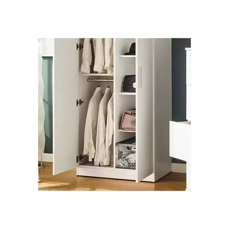 Armoire en bois blanche à 2 portes avec barres de penderie et étagères