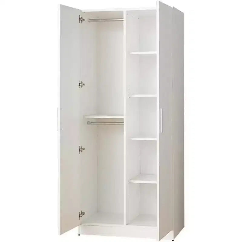 Armoire en bois blanche à 2 portes avec barres de penderie et étagères