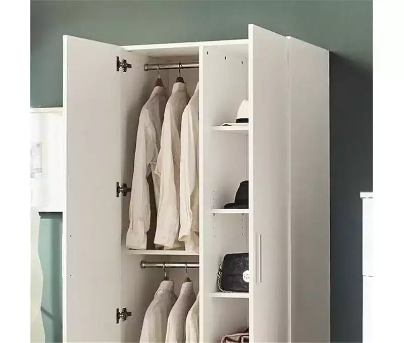 Armoire en bois blanche à 2 portes avec barres de penderie et étagères