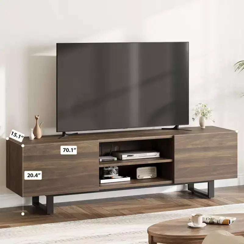 Meuble TV industriel en chêne naturel/noyer pour 1 personne, console multimédia à 4 tiroirs, convient jusqu'à 80"