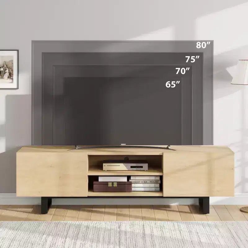 Meuble TV industriel en chêne naturel/noyer pour 1 personne, console multimédia à 4 tiroirs, convient jusqu'à 80"