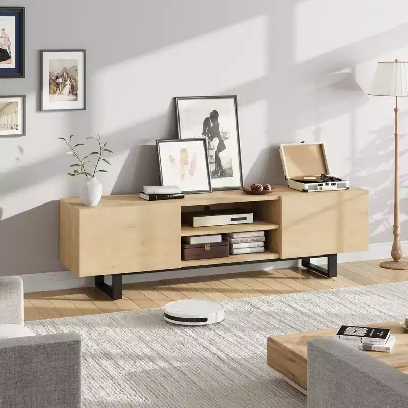 Meuble TV industriel en chêne naturel/noyer pour 1 personne, console multimédia à 4 tiroirs, convient jusqu'à 80"