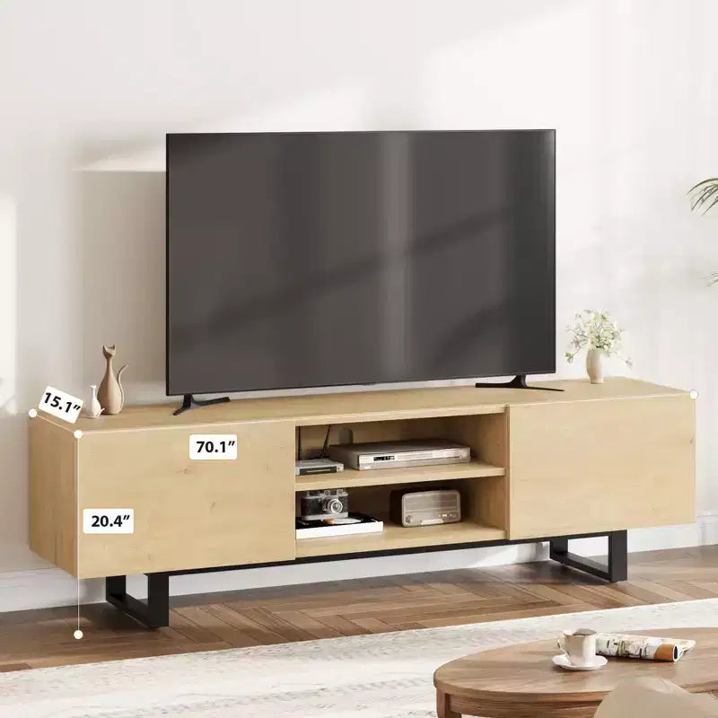 Meuble TV industriel en chêne naturel/noyer pour 1 personne, console multimédia à 4 tiroirs, convient jusqu'à 80"