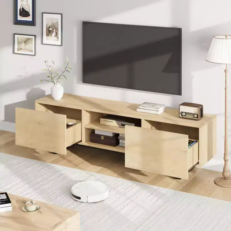 Meuble TV industriel en chêne naturel/noyer pour 1 personne, console multimédia à 4 tiroirs, convient jusqu'à 80"
