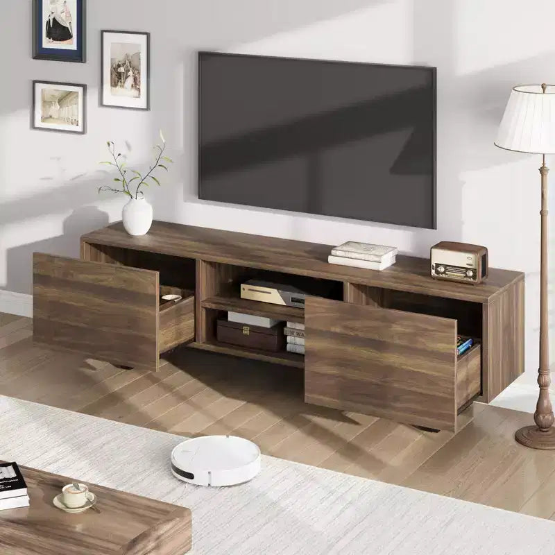 Meuble TV industriel en chêne naturel/noyer pour 1 personne, console multimédia à 4 tiroirs, convient jusqu'à 80"