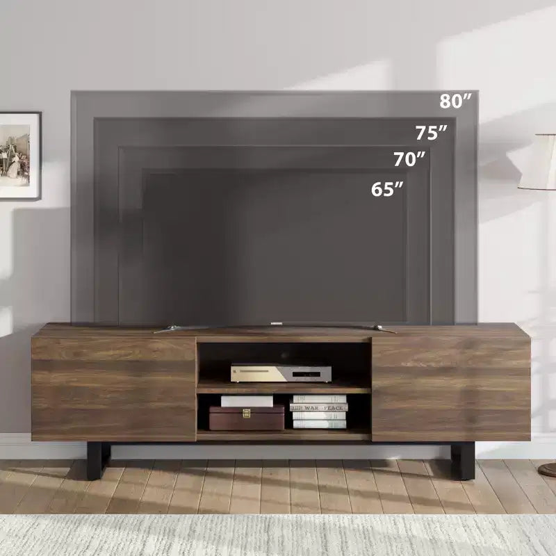 Meuble TV industriel en chêne naturel/noyer pour 1 personne, console multimédia à 4 tiroirs, convient jusqu'à 80"