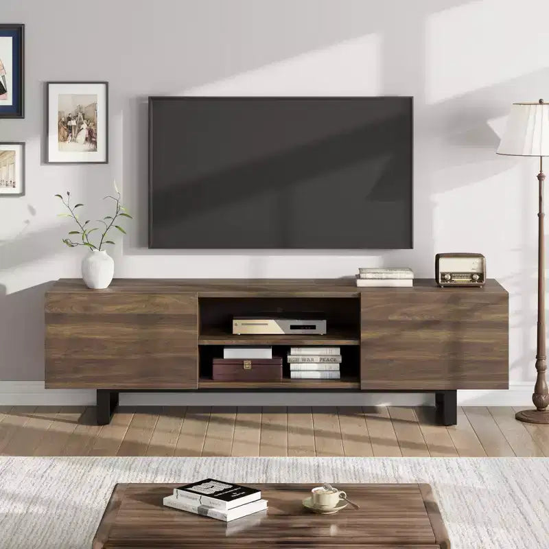 Meuble TV industriel en chêne naturel/noyer pour 1 personne, console multimédia à 4 tiroirs, convient jusqu'à 80"