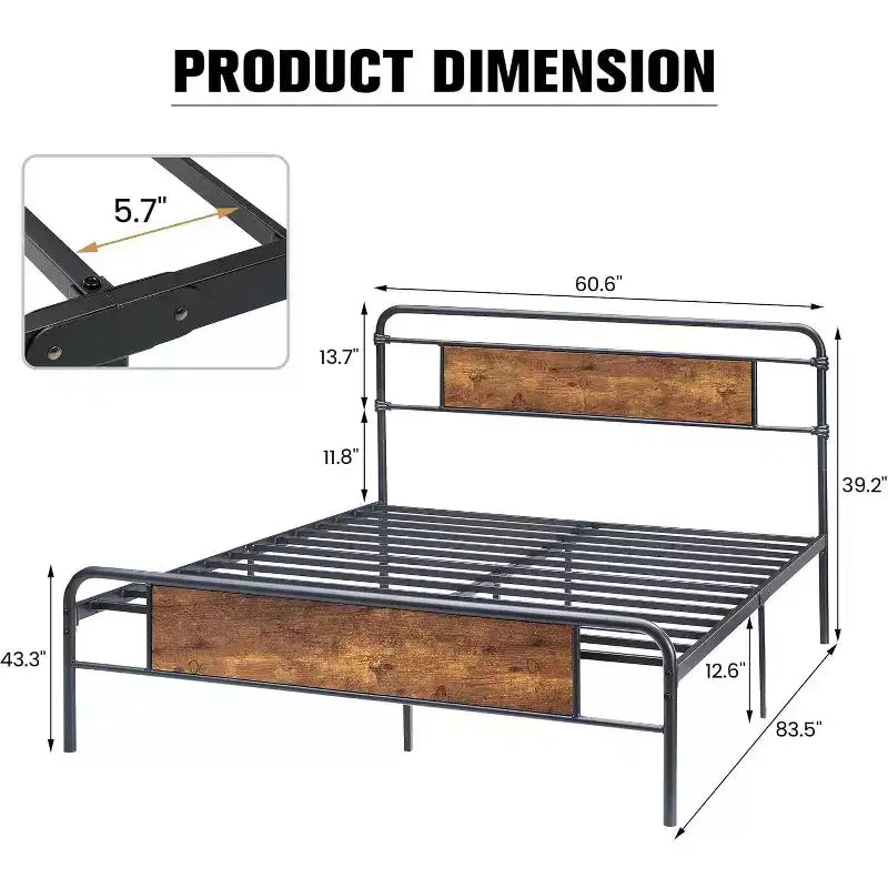 Queen Platform Bed Frame, Brown Wood Headboard, Black Metal Slats, No Box Spring, 1-Person