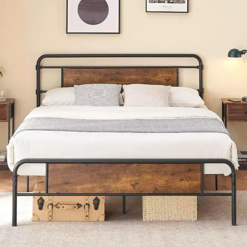 Queen Platform Bed Frame, Brown Wood Headboard, Black Metal Slats, No Box Spring, 1-Person