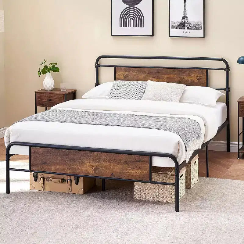 Queen Platform Bed Frame, Brown Wood Headboard, Black Metal Slats, No Box Spring, 1-Person
