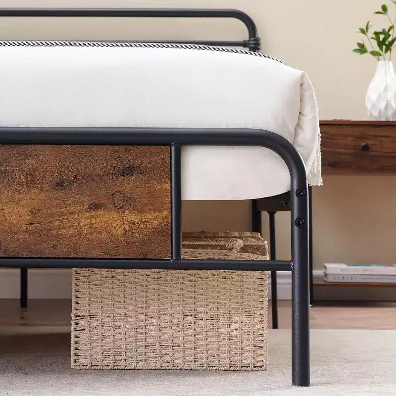 Queen Platform Bed Frame, Brown Wood Headboard, Black Metal Slats, No Box Spring, 1-Person