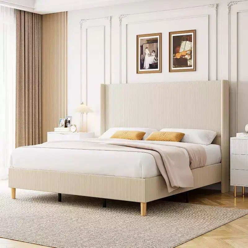 Beige Corduroy Wingback Platform Bed Frame – Full / Queen / King, 1-2 Person