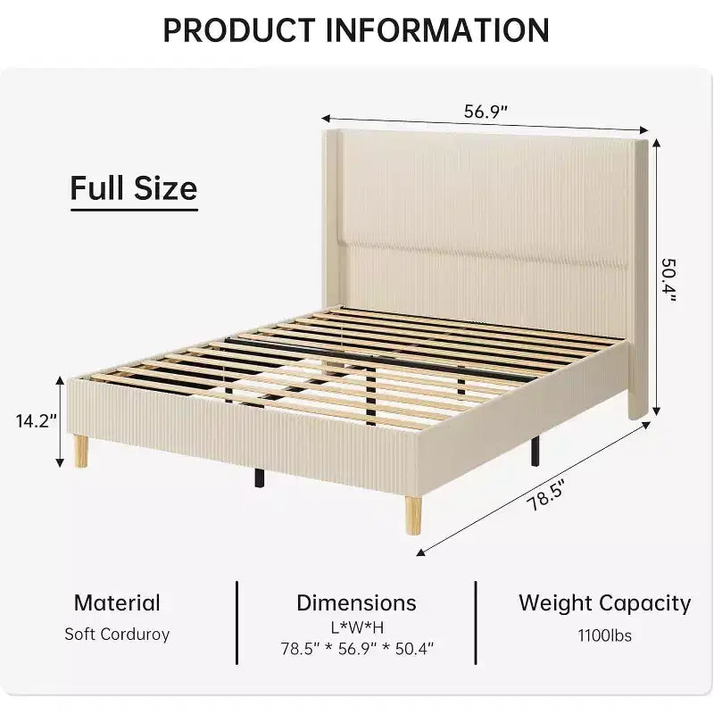 Beige Corduroy Wingback Platform Bed Frame – Full / Queen / King, 1-2 Person