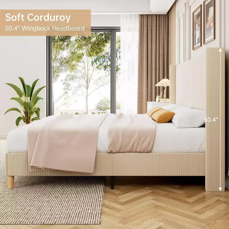 Cadre de lit plateforme capitonné en velours côtelé beige – Grand lit / Très grand lit / Très grand lit Californien, 1-2 personnes