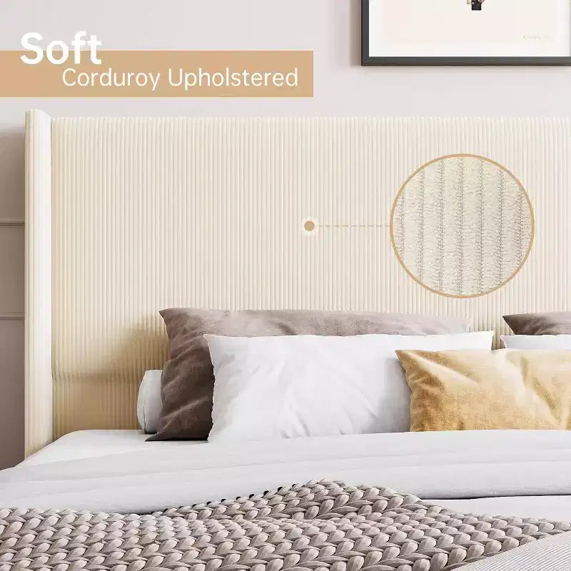 Cadre de lit plateforme capitonné en velours côtelé beige – Grand lit / Très grand lit / Très grand lit Californien, 1-2 personnes