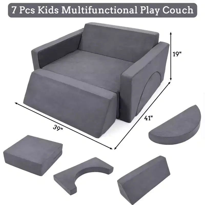 Canapé de jeu modulable convertible gris pour enfants, 7 pièces, 2 places