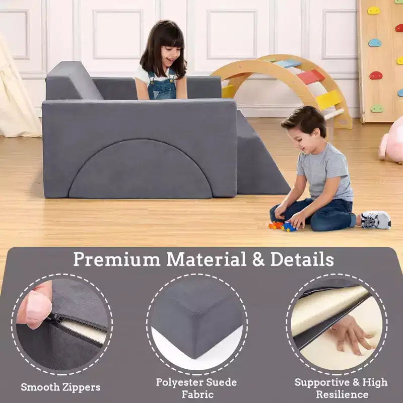 Canapé de jeu modulable convertible gris pour enfants, 7 pièces, 2 places