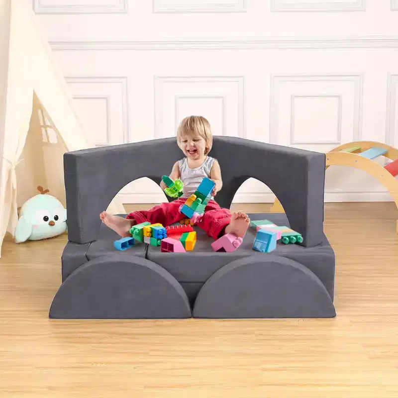 Canapé de jeu modulable convertible gris pour enfants, 7 pièces, 2 places