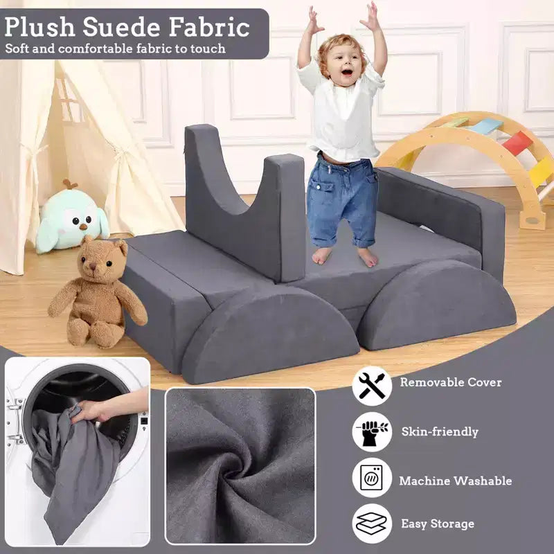 Canapé de jeu modulable convertible gris pour enfants, 7 pièces, 2 places