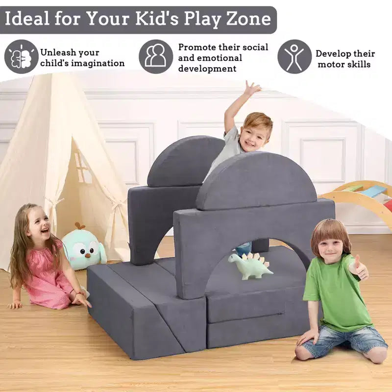 Canapé de jeu modulable convertible gris pour enfants, 7 pièces, 2 places