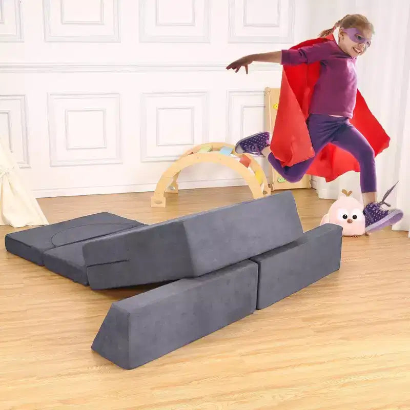 Canapé de jeu modulable convertible gris pour enfants, 7 pièces, 2 places
