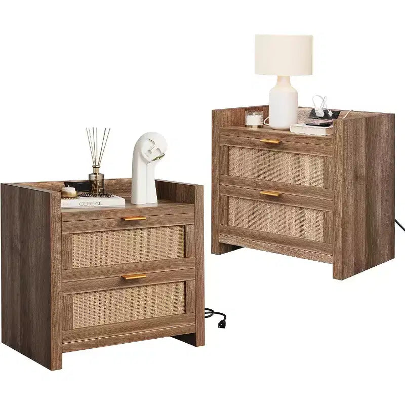 2PCS Rattan Night Stand with Charger Station, 23.6 Wide Boho Bedside Table with 2 Drawers, Modern Larger Nightstand for Bedroom, Living Room