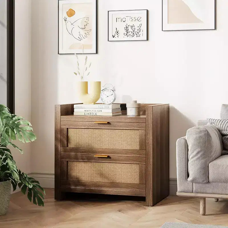 Table de chevet en rotin naturel avec 2 tiroirs, style bohème, lot de 2