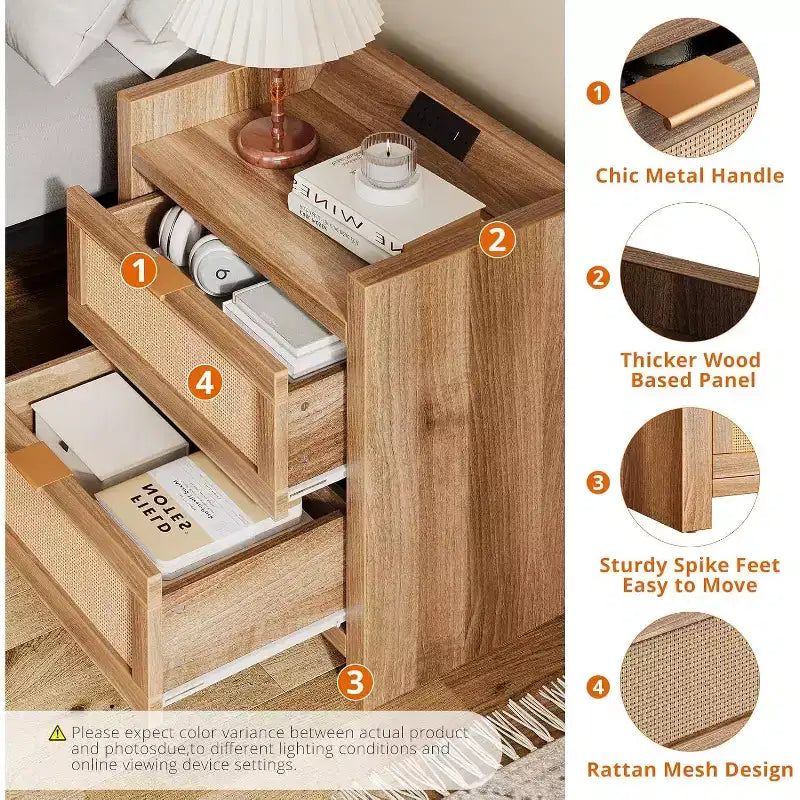 Table de chevet en rotin naturel avec 2 tiroirs, style bohème, lot de 2