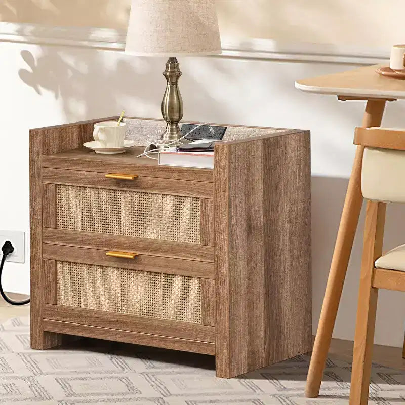 Table de chevet en rotin naturel avec 2 tiroirs, style bohème, lot de 2