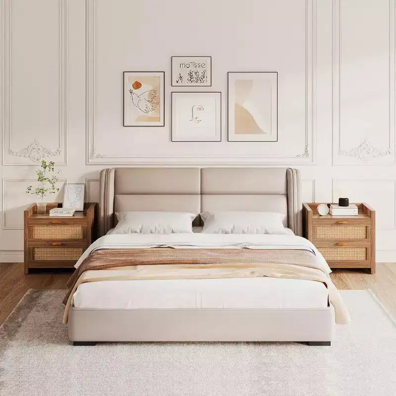 Table de chevet en rotin naturel avec 2 tiroirs, style bohème, lot de 2