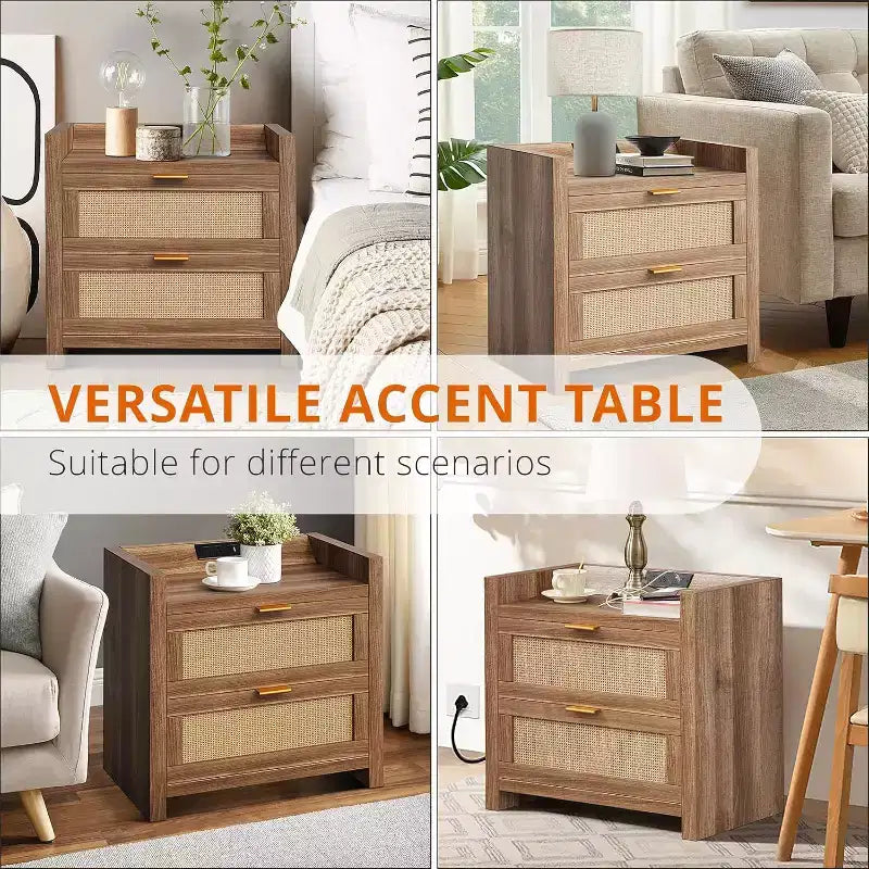 Table de chevet en rotin naturel avec 2 tiroirs, style bohème, lot de 2