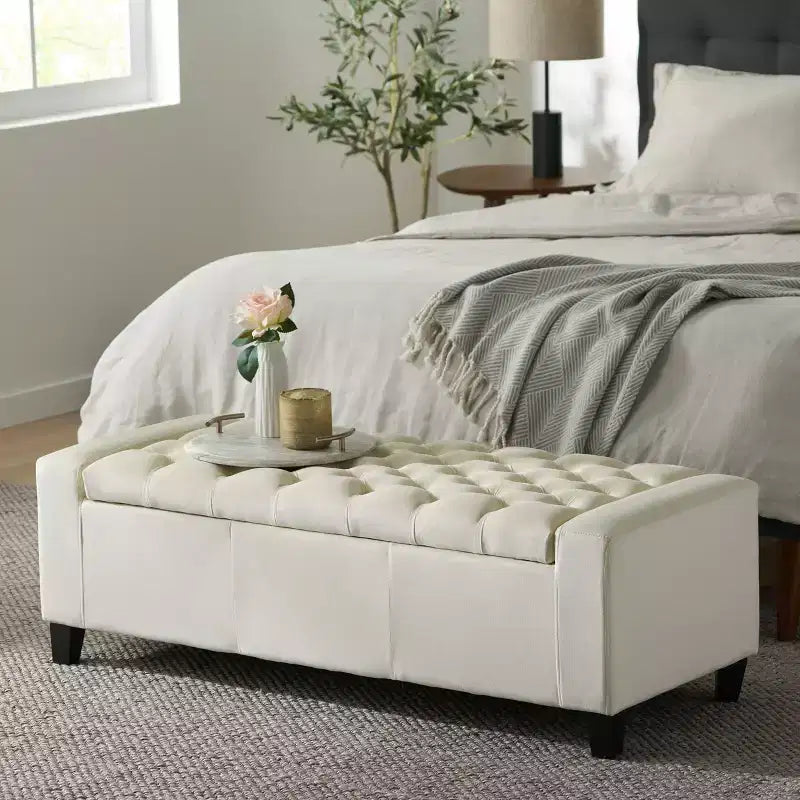 Banc ottoman de rangement capitonné gris, 1 à 2 places