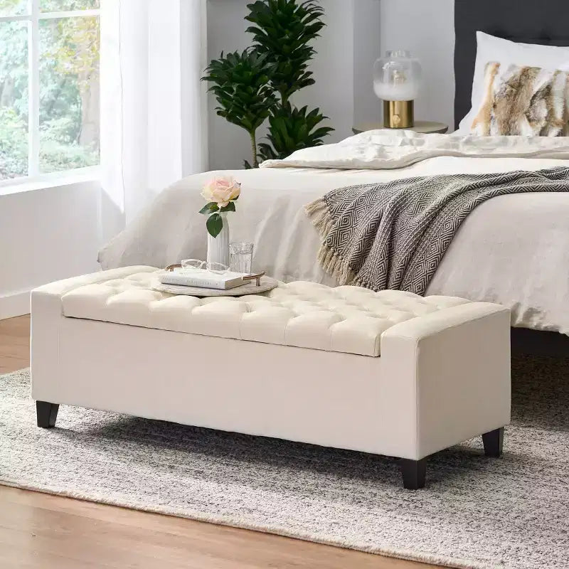 Banc ottoman de rangement capitonné gris, 1 à 2 places