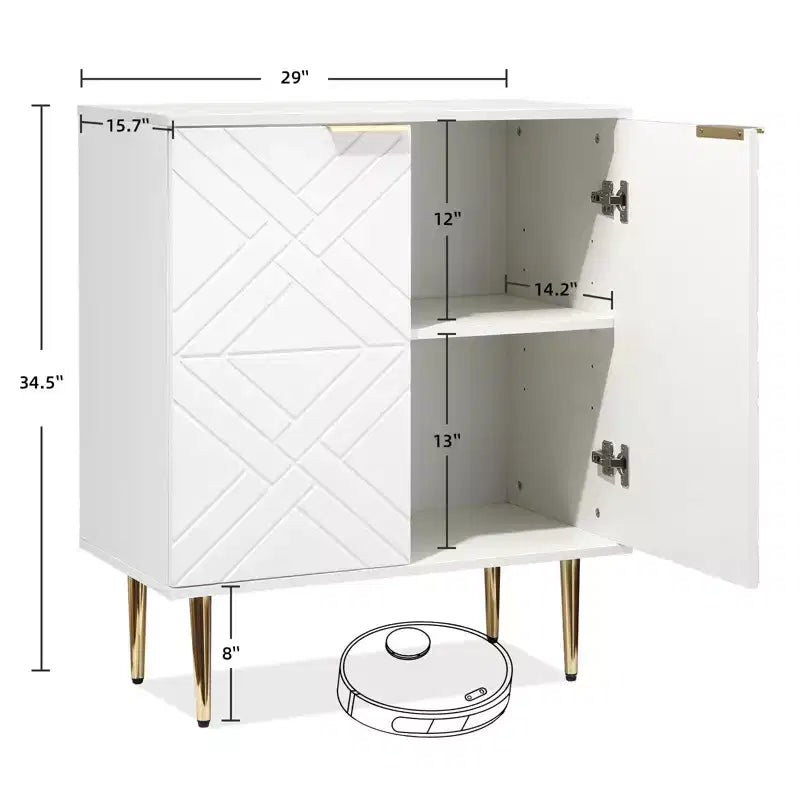 Meuble buffet blanc avec portes en relief et accents dorés, buffet en bois à 1 porte avec étagère