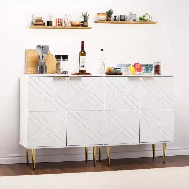 Meuble buffet blanc avec portes en relief et accents dorés, buffet en bois à 1 porte avec étagère